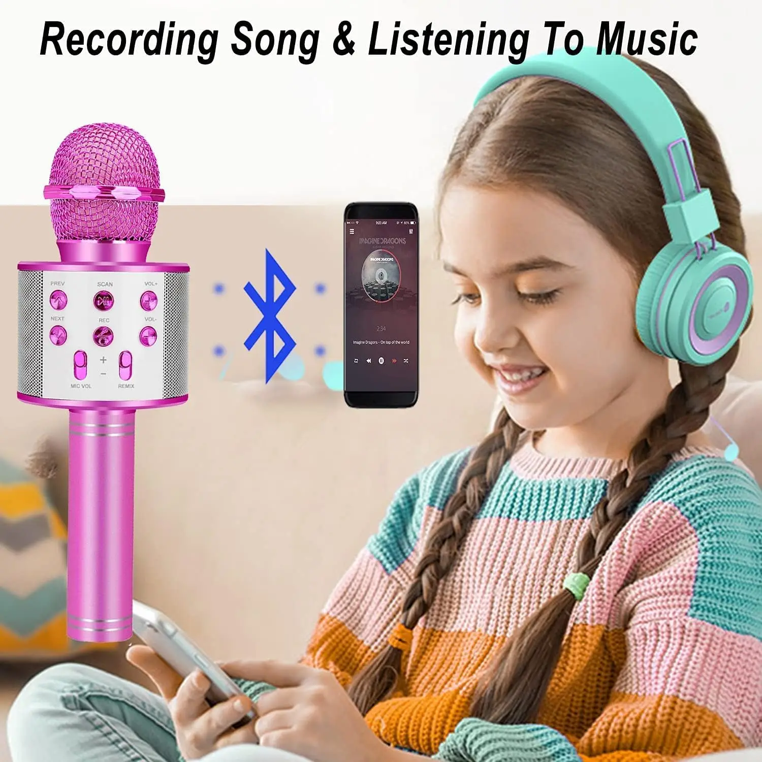 Kids Microphone for Singing, Wireless Bluetooth Karaoke Microphone for Adults, Toys for Boys Girls Gift for Birthday Party 2